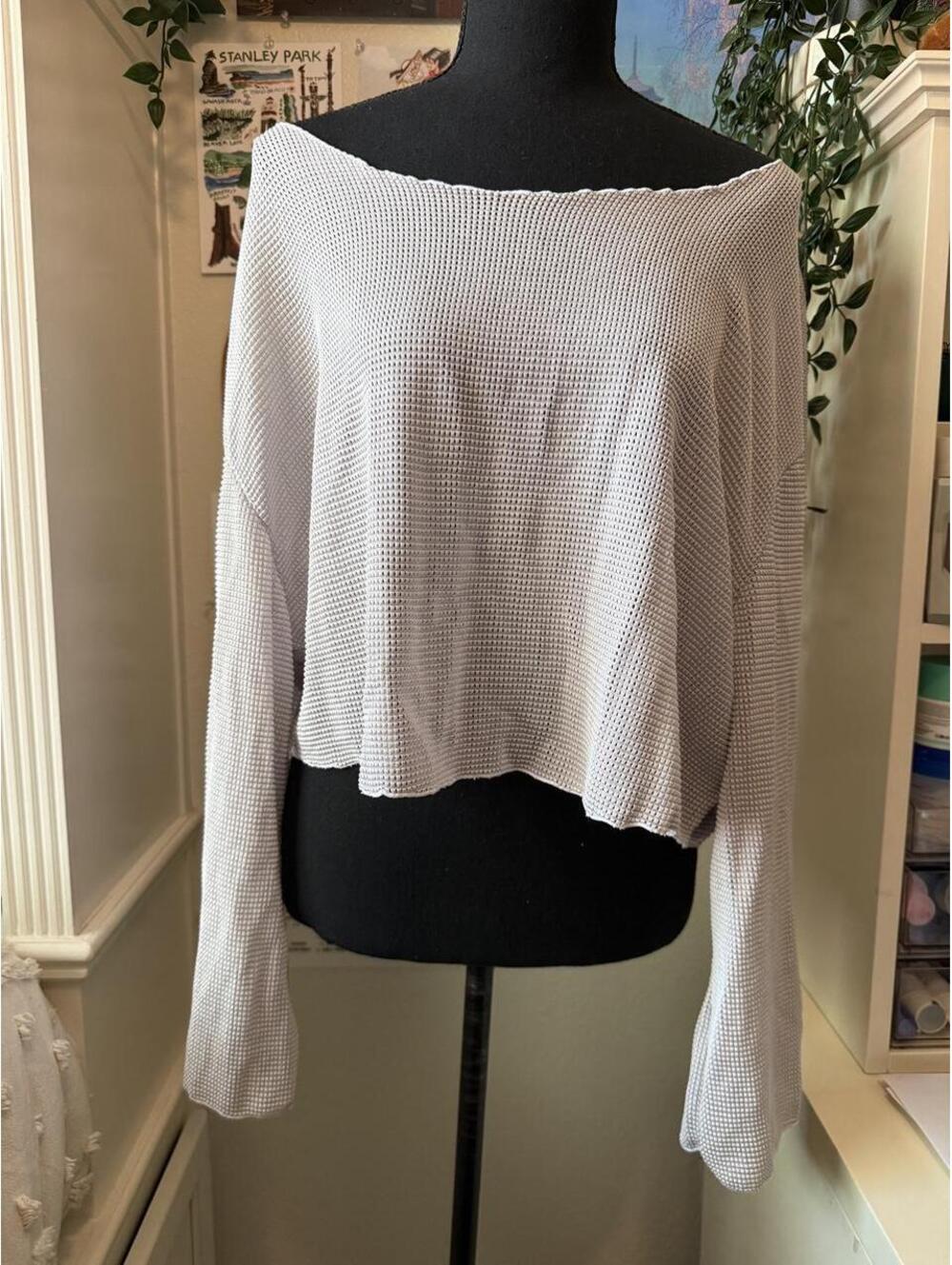 Light Gray Waffle Knit Raw Edge Cropped Long Sleeve Top